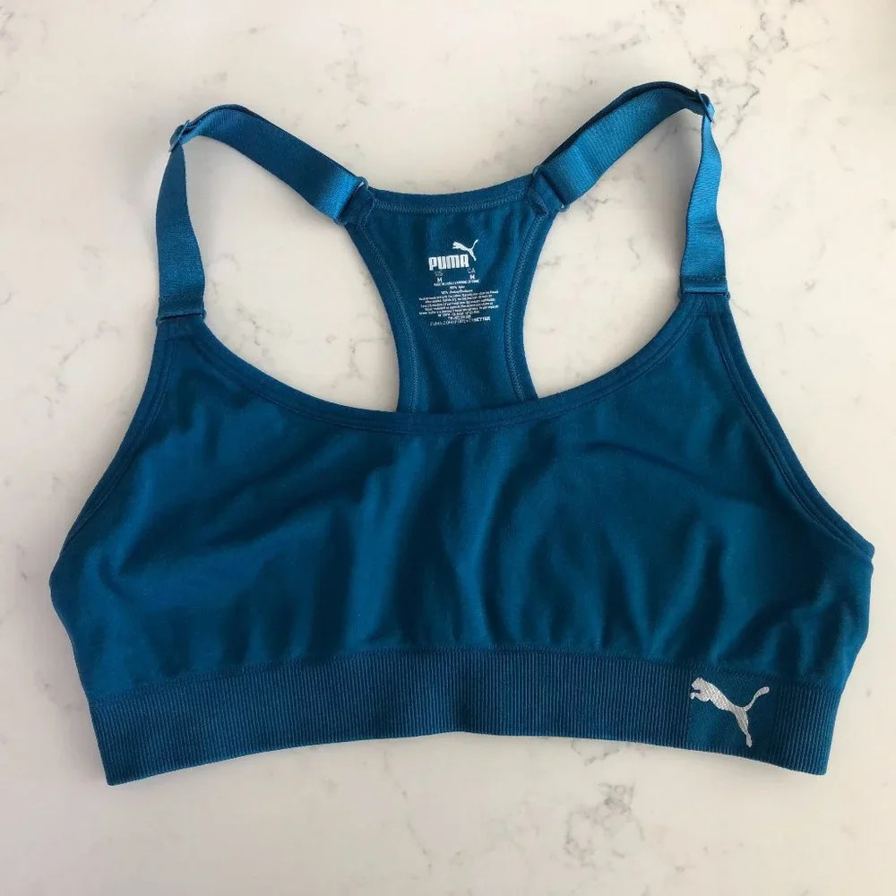 Puma Racer Back Sporty Activewear Pull On Bra Top Adjustable Straps Blue Size M